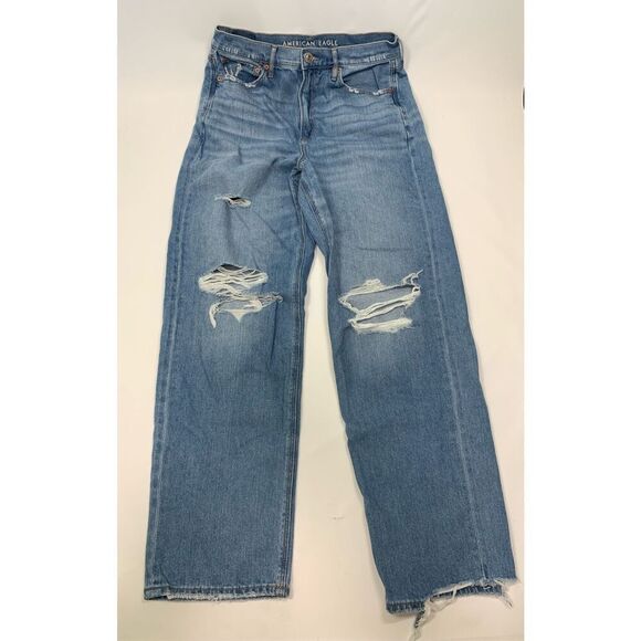 American Eagle Womens Distressed High-Rise Straight Jeans Light Wash Size 10 - Picture 1 of 11
